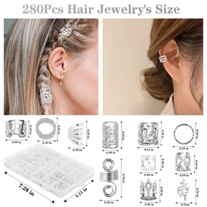 280pcs silver dreadlock hair jewelry set with assorted metal rings and storage box