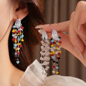 Silver needle geometric diamond earrings with colorful stone tassels in luxury style