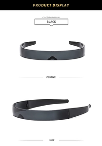 Front and side views of black glossy futuristic punk wrap around sunglasses