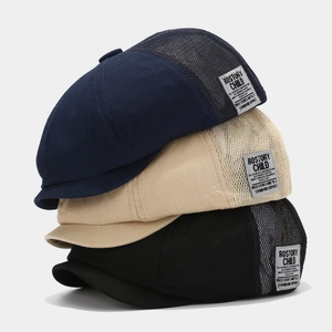 Breathable mesh newsboy cap set in navy, khaki and black with vintage woven label