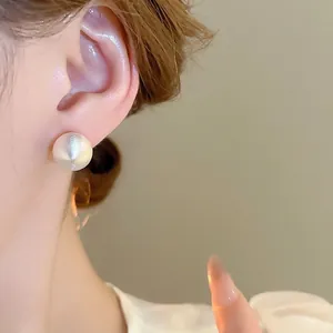 Minimalist matte white satin ball stud earrings for women with brushed metal finish