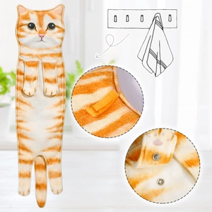 Hanging hand towel with realistic orange tabby cat design featuring metal snap buttons