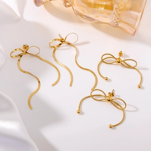 18K gold plated stainless steel bow tie long fringe snake chain earrings for women