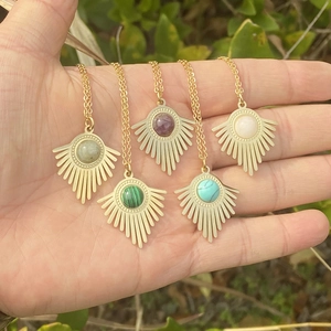 Sunburst Pendant Necklace Stainless Steel Natural Stone Sun Ray Charm Gold Plated Elegant Jewelry For Women