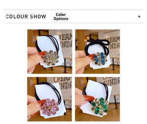Detail view of crystal flower hair ties in four colors with high elastic black rubber bands