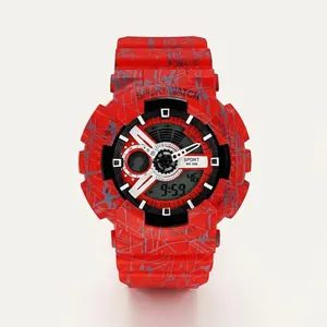 Macro shot of red digital sports watch with 30m water resistance and durable silicone band