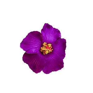 Deep purple hibiscus hair clip with realistic petals and yellow stamen for beach vacation