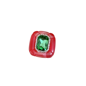 Vintage hexagonal resin ring with emerald green crystal and rhinestone accents