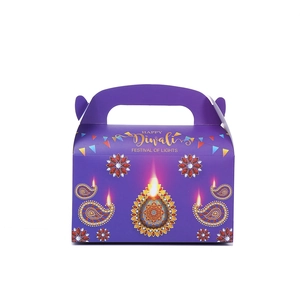 Purple Happy Diwali gift box with gold mandala patterns and festival of lights printing