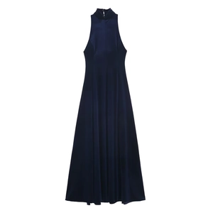 Fluwelen Halter Backless Maxi Jurk Mouwloos Hoge Hals A-Lijn Elegante Avondfeestjurk Voor Dames Marineblauw