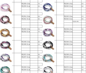 Size chart showing model numbers and length parameters for amethyst bead bracelets