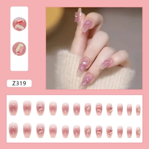 Rosa Ombré-Kunstnägel Set mit glitzernden Kristallen und Perlen, inklusive 24 Stück