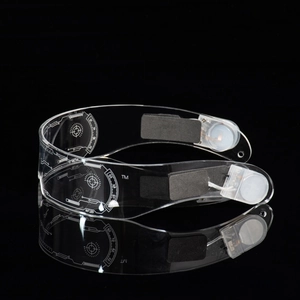 Close-up of cyberpunk LED glasses showing acrylic lens texture and battery compartment