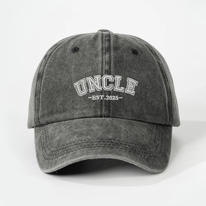 Retro washed charcoal baseball cap featuring UNCLE 2025 white 3D embroidery detail