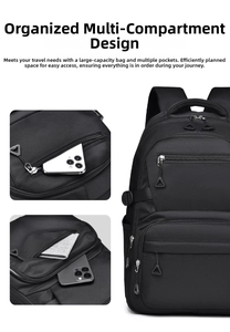 Detail of the multi-compartment design showing side pockets for phone storage on black backpack