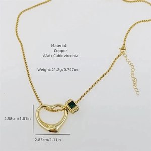 18K gold plated copper necklace with green square stone and heart pendant dimensions