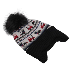 Winter knit hat for boys with car patterns, fleece lining, and a black faux fur pom pom
