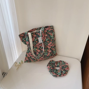 Floral cotton tote bag with matching scrunchie and golden butterfly hair claw clip set