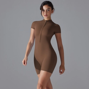 Detailed view of women short sleeve yoga bodysuit with zipper closure in dark coffee color