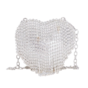 Elegant silver heart shaped evening clutch bag with sparkling rhinestones and metal chain
