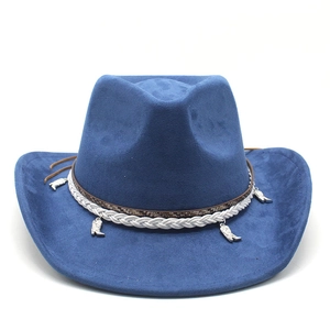 Detail of navy blue faux suede cowboy hat with braided band and silver boot charms