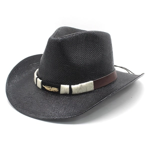 Vintage Cowboy Straw Hat Wide Brim Sun Protection Paper Straw With Leather Band And Metal Feather For Men Women