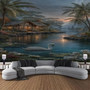 Detaillierter Wandteppich mit Naturlandschaft am See, Schwan und Palmen im Wohnzimmer