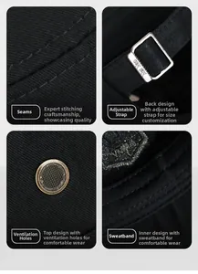 Makro-Detail der schwarzen Herrenkappe mit Metallschnalle, Nähten und Belüftungsösen