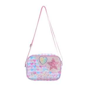 Detail view of the colorful glitter unicorn shoulder bag with heart and star patterns