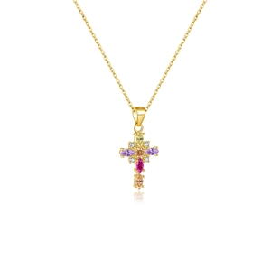 Elegant gold S925 silver cross necklace featuring colorful zirconia stones on white background