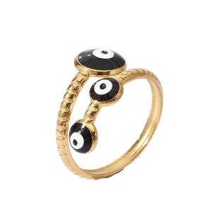 18k gold plated evil eye open ring featuring blue enamel and ribbed texture details