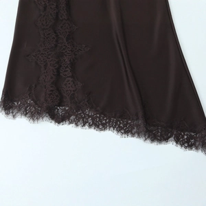 Elegant dark brown satin dress with intricate black lace trim for women fashion style