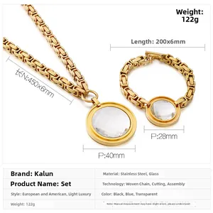Detailed view of chunky gold stainless steel jewelry set with clear round glass stones