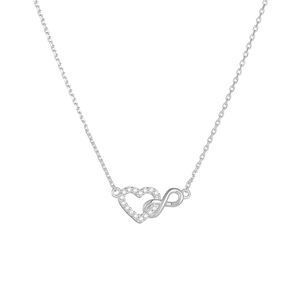 Detailed view of sterling silver infinity heart pendant with sparkling white zircons
