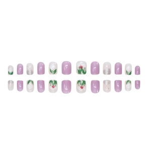 Short press-on nails with lavender floral designs and silver glitter on white background