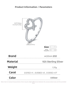 Detailed size chart for S925 silver heart ring showing dimensions and 1.20g weight