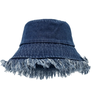Deep blue denim bucket hat with frayed edges and distressed street style design