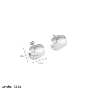 Detailed view of irregular silver stud earrings with polished mirror finish and size info