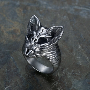 Men's gothic stainless steel bat ring with vintage silver finish on dark stone