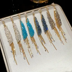 Elegant gold earrings with square crystals and long tassel chains in four colors