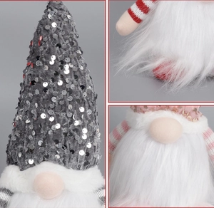Detailed view of Christmas gnome showing grey sequined hat and plush white beard texture