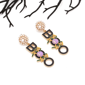 Halloween spider drop earrings with purple BOO letters and faux pearl accents