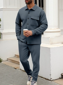 Outdoor shot of men's casual dark grey-blue long-sleeve shirt jacket and pants set
