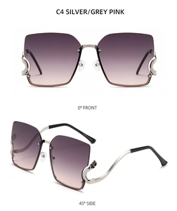 Front and side views of oversized rimless sunglasses with silver metallic curved legs