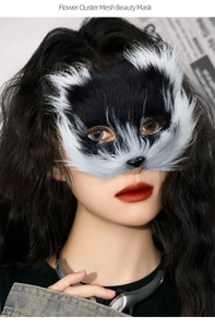 Detailed view of fox animal mask with faux fur and mesh on a female model