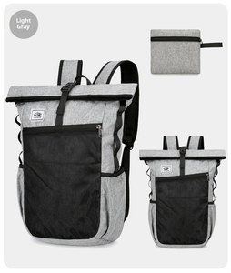 Detailed comparison of light grey foldable travel backpack in full and compact folded forms