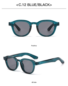 Macro view of round retro sunglasses in blue and black finish showing front and side angles