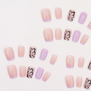 Lila French Aurora Glitzer Kunstnägel mit Schmetterlings-Design und glänzendem Finish