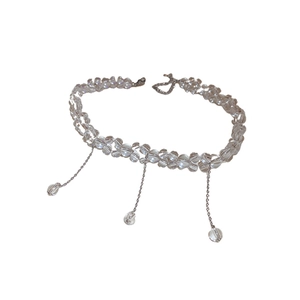 Sparkling transparent glass beaded necklace with triple metal chain ball pendants for women