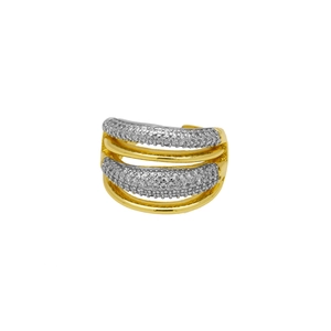 Macro detail of 18k gold plated two-tone ring with sparkling zircon stone rows